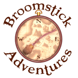 Logo of Broomstick Adventures, LLC, featuring a vintage compass with a broomstick across the compass face, overlaying an old map background. The compass is detailed with a bronze frame and directional letters N, E, S, W prominently displayed.