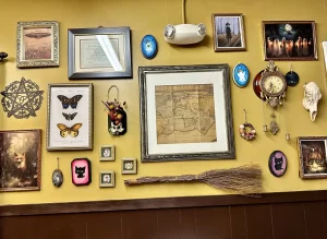 The image shows a rustic and mystical display inside the shop. The display features a variety of magical and nature-inspired items, including candles, jars filled with herbs, a decorative broomstick, and other trinkets associated with witchcraft. The wooden shelves and warm lighting create a cozy, earthy atmosphere, with the arrangement of items suggesting a blend of spiritual practices and handcrafted charm. In the lower-left corner, there is an image of a fox named Ophelia, Mortimer’s mate. The space feels intimate, inviting, and thoughtfully curated.