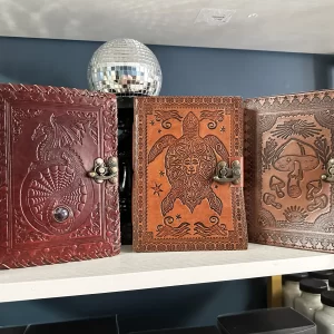 Three embossed leather journals with dragon, turtle, and mushroom designs on a shelf at Broomstick Adventures, featuring antique-style clasps.