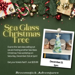 Sea Glass Christmas Tree Due to the last class selling out, we are hosting another Sea Glass Christmas Tree workshop on Saturday, December 21st at 1pm! Get your tickets fast!!! Just $29.99