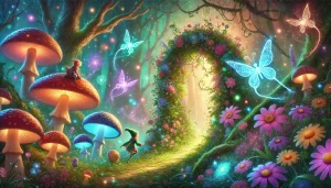 A vibrant and whimsical fantasy scene set in the Feywild. The image features an enchanting forest illuminated by glowing mushrooms, sparkling flowers, and swirling magical lights. At the center, a glowing archway entwined with vines and wildflowers beckons adventurers. Ethereal creatures like pixies and satyrs play in the background, while a mischievous Jester Prince dressed in colorful attire watches from a tree branch.