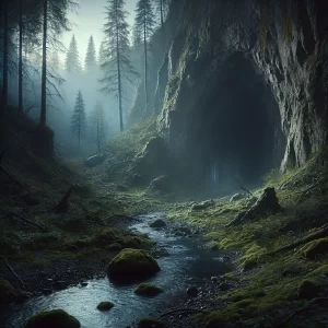 A shadowy cave entrance viewed from the outside, surrounded by a dense, wooded landscape. The interior of the cave is lost in darkness, with jagged rocks framing the opening. Tall trees and thick underbrush fill the forest, with moss-covered boulders adding texture to the scene. A narrow stream flows from the cave, winding through the forest and reflecting the soft, dim light of twilight. The atmosphere is mysterious and slightly eerie, evoking a sense of adventure and intrigue.