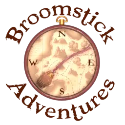 Broomstick Adventures Logo - A witch's broom embedded as a needle in an old wooden compass, with a treasure map in the background